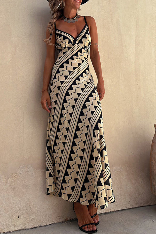 Vestidos bohemios de vacaciones con cuello en V y estampado de rayas y patchwork