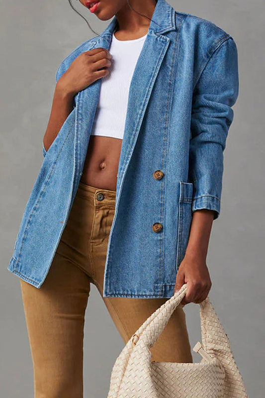 Chaqueta vaquera informal sencilla, holgada, con bolsillos, botones y cuello vuelto, manga larga