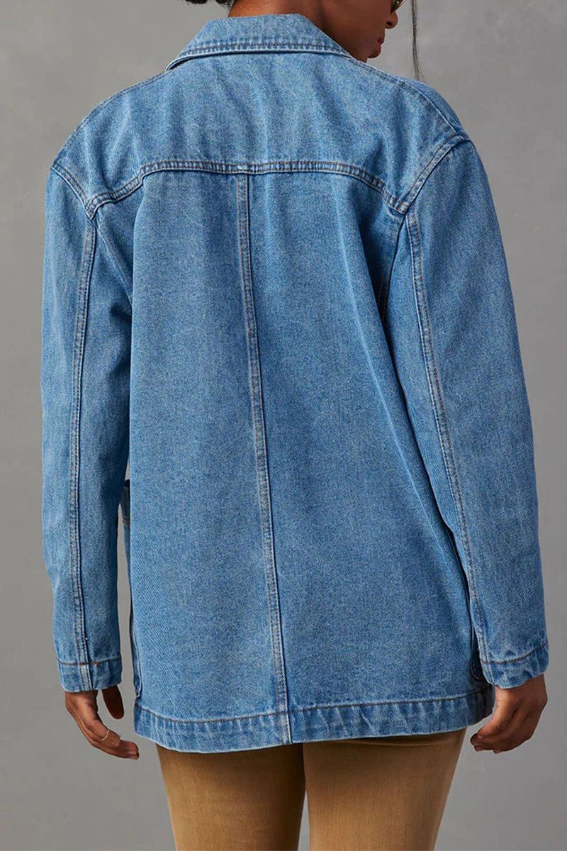 Chaqueta vaquera informal sencilla, holgada, con bolsillos, botones, cuello vuelto y manga larga