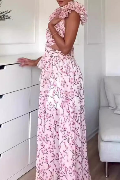 Vestidos elegantes de corte A con escote en V y orillo de flores