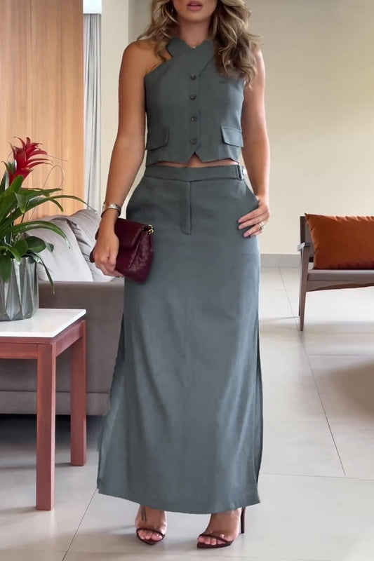 Conjunto informal de dos piezas con cuello halter, sin mangas y bolsillos sólidos de estilo británico