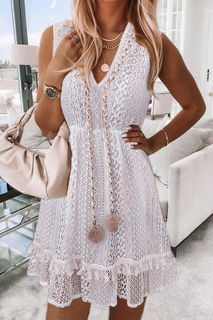 Vestidos elegantes y dulces de encaje sólido con escote en V ahuecado sin mangas (sin cordón)