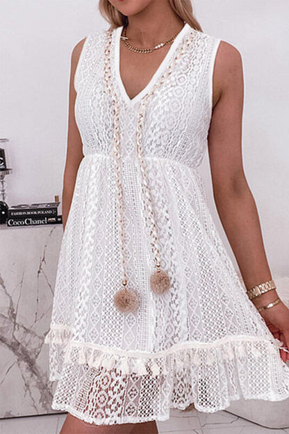 Vestidos elegantes y dulces de encaje sólido con escote en V ahuecado sin mangas (sin cordón)