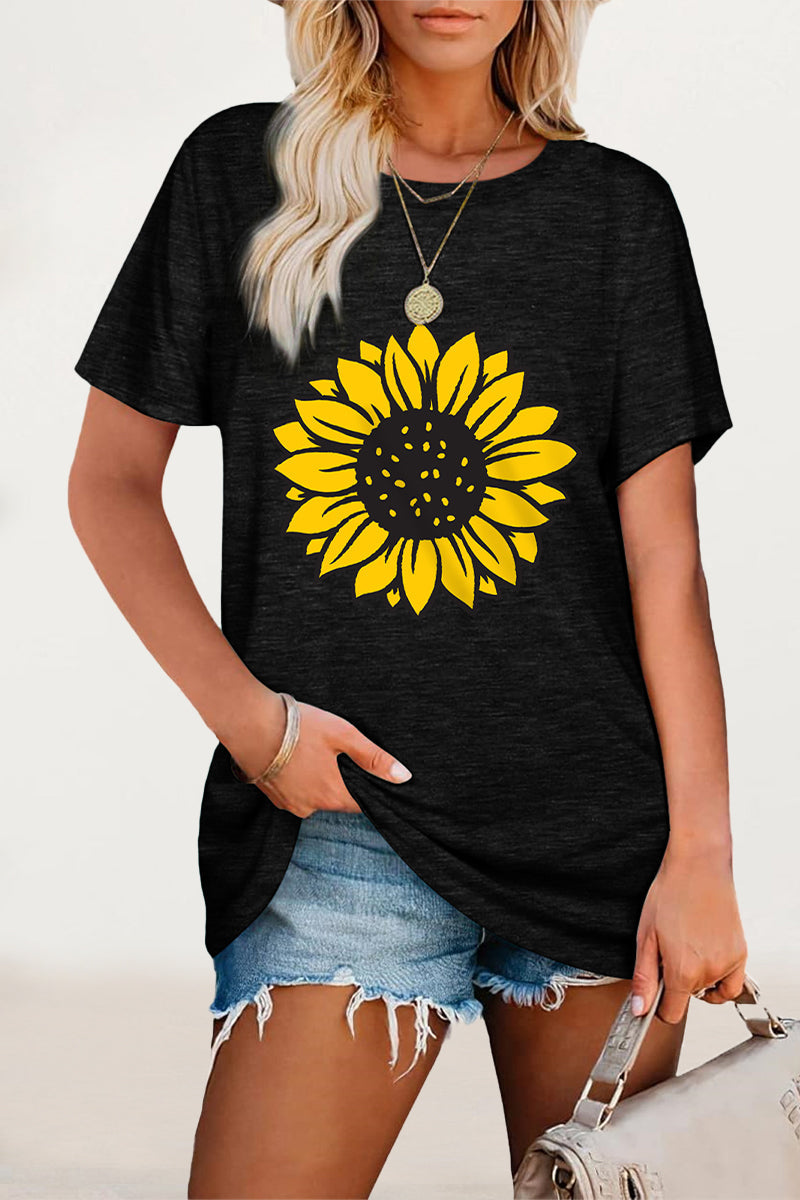 Camisetas casuales con cuello redondo y estampado de flores