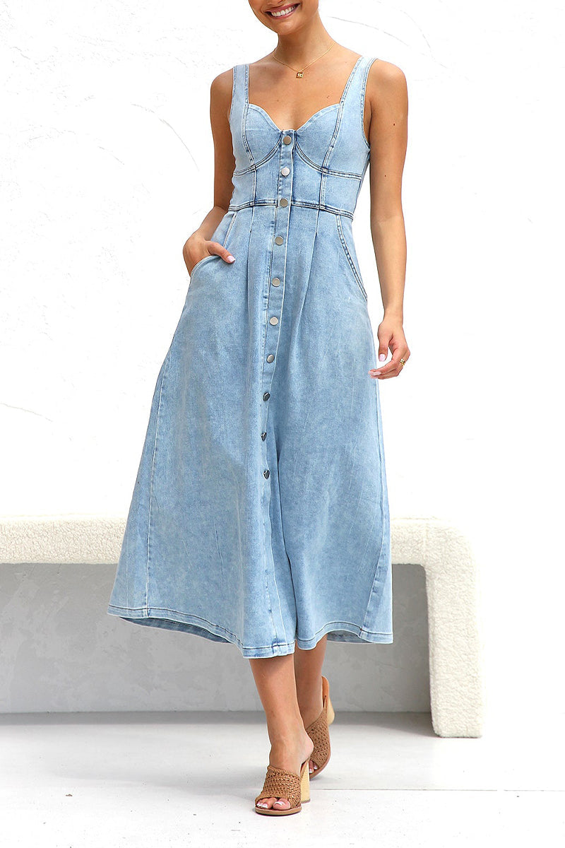 Elegante vestido vaquero holgado sin mangas con cuello en V y hebilla de bolsillo antiguo de color sólido