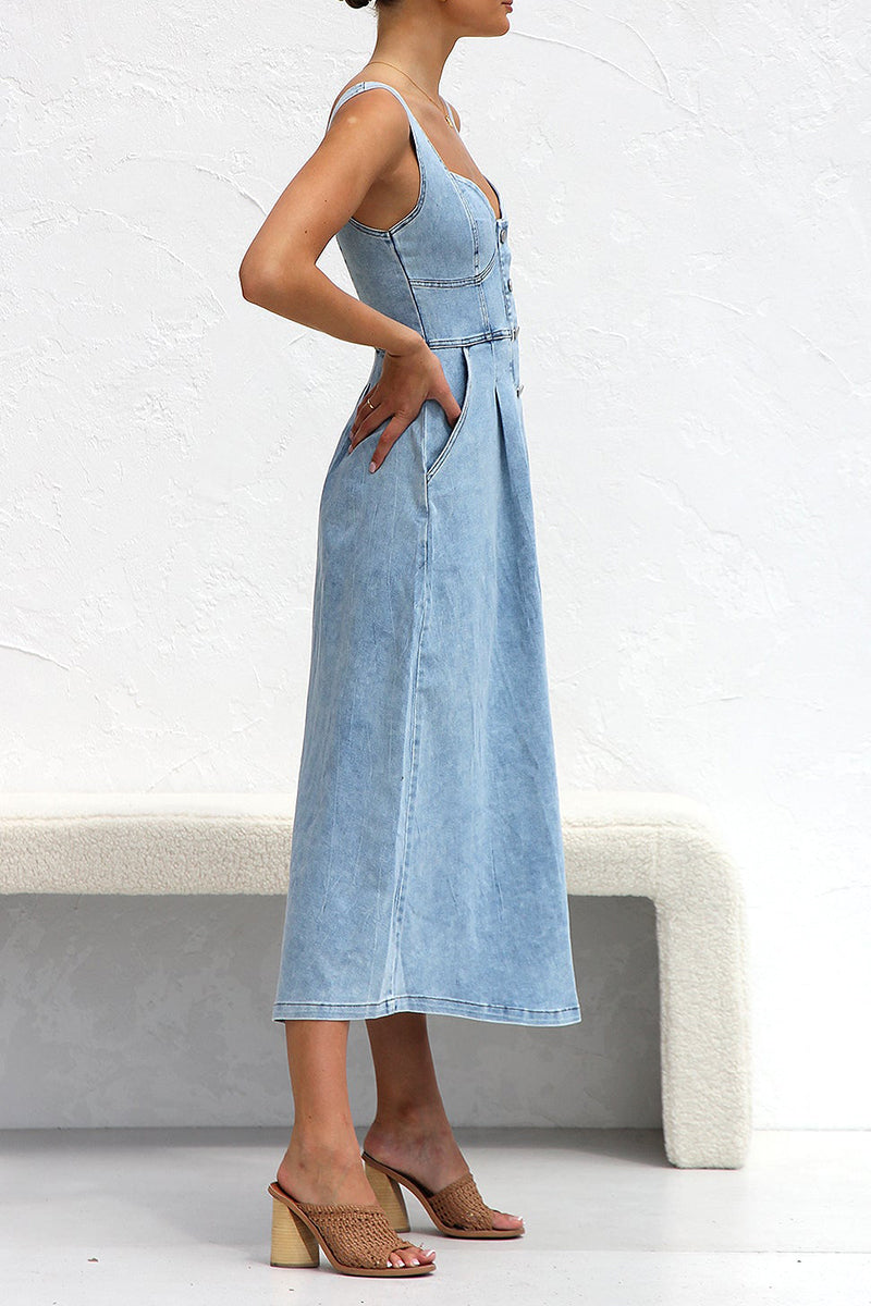 Elegante vestido vaquero holgado sin mangas con cuello en V y hebilla de bolsillo antiguo de color sólido