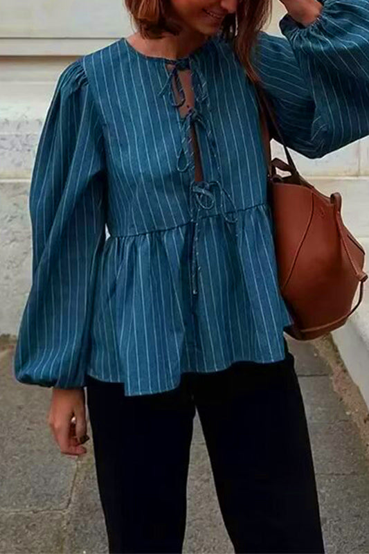 Tops casuales vintage a rayas con frenillo y cuello redondo