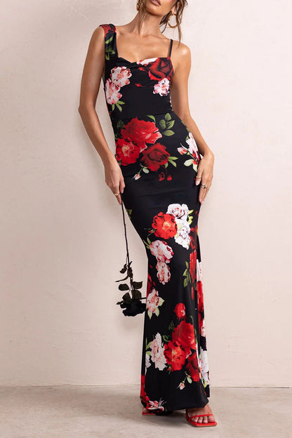 Vestido sexy vintage floral sin espalda, asimétrico, con escote en U y falda de un solo paso