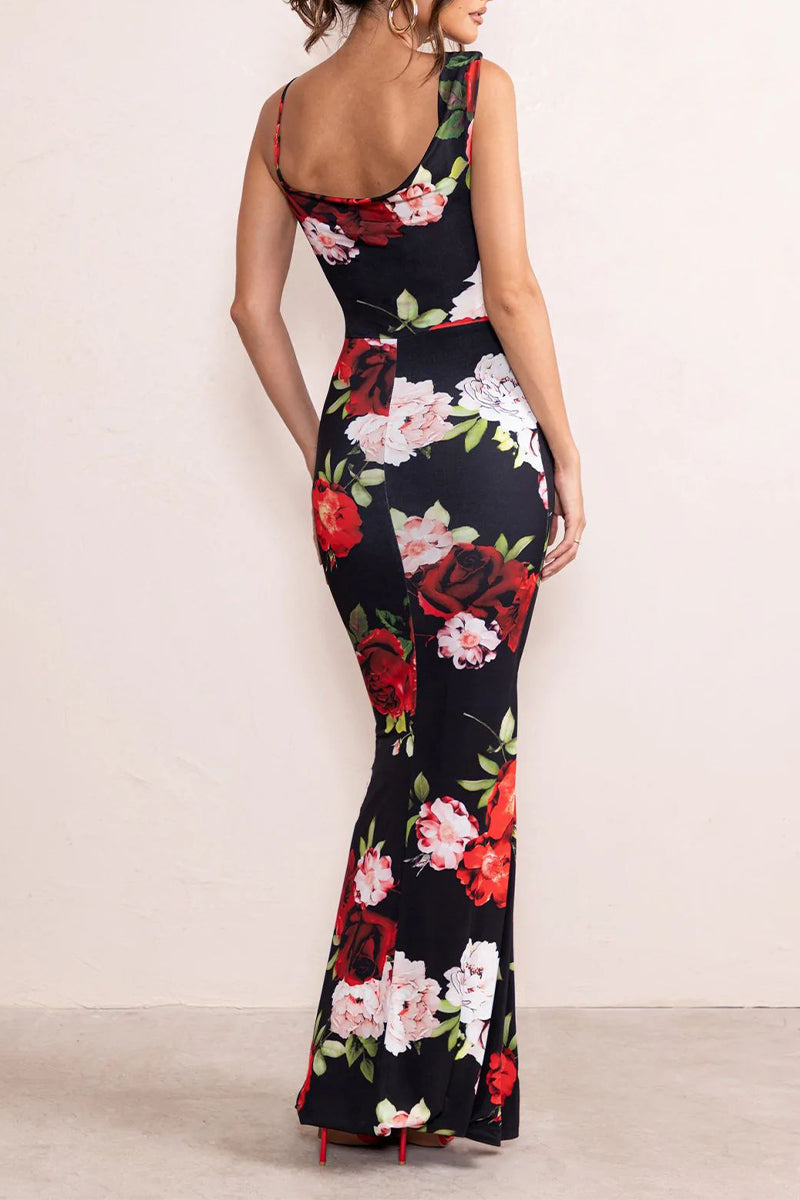 Vestido sexy vintage floral sin espalda, asimétrico, con escote en U y falda de un solo paso