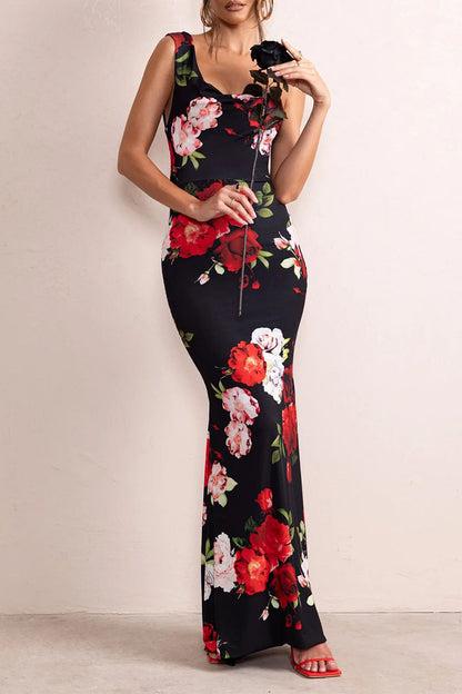 Vestido sexy vintage floral sin espalda, asimétrico, con escote en U y falda de un solo paso
