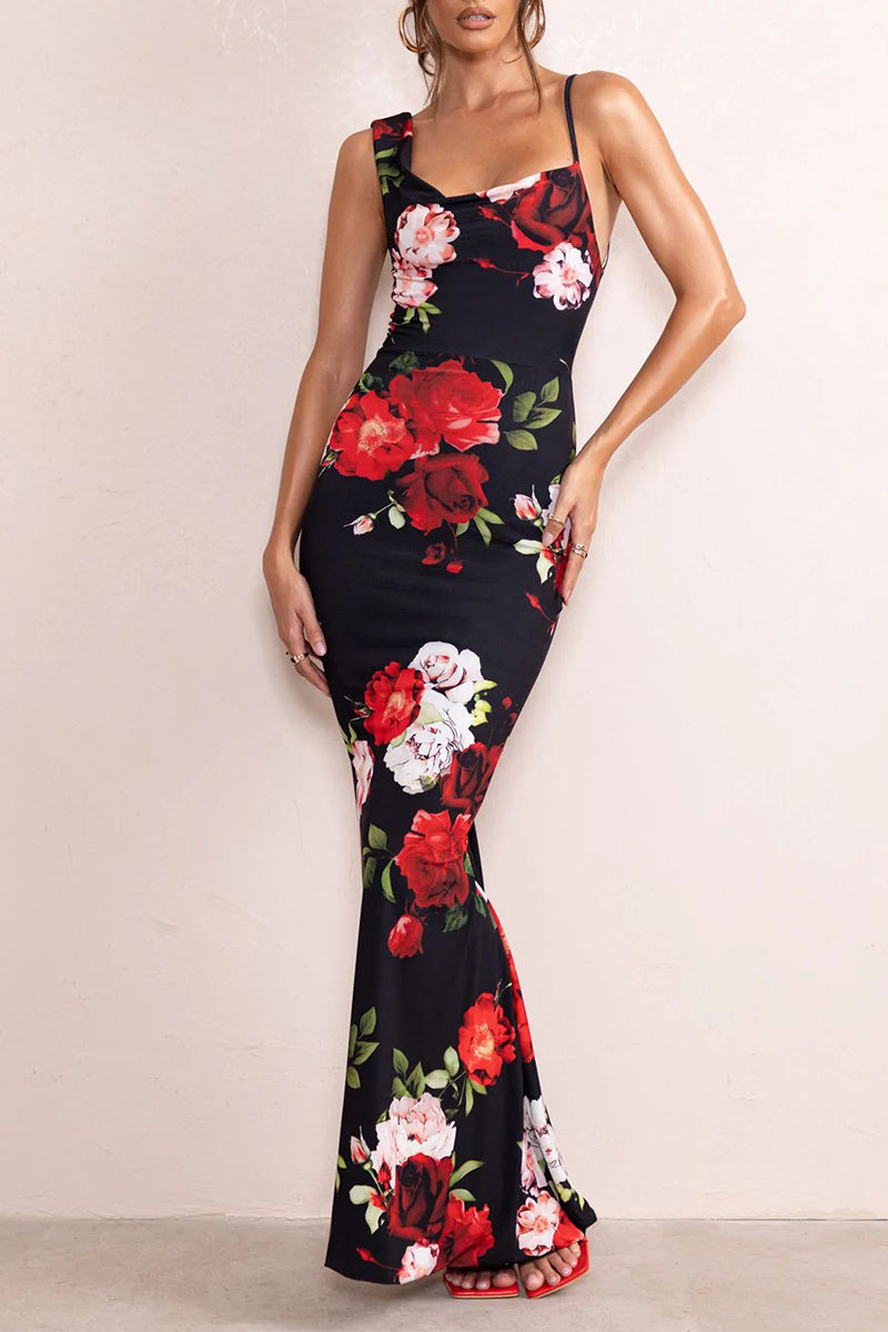 Vestido sexy vintage floral sin espalda, asimétrico, con escote en U y falda de un solo paso