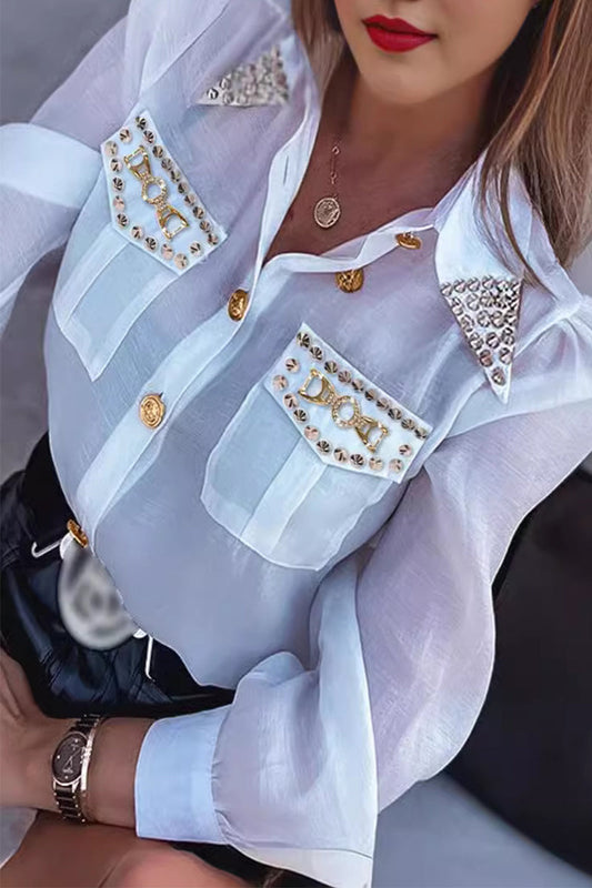 Elegantes remaches sólidos, accesorios de metal, decoración, cuello vuelto, blusas