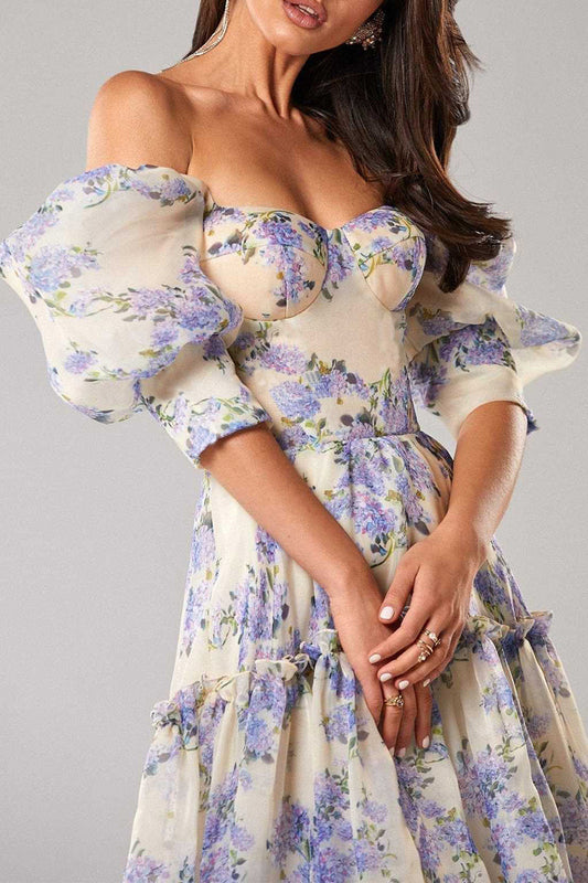 Vestidos de noche elegantes con hombros descubiertos y flores de celebridades