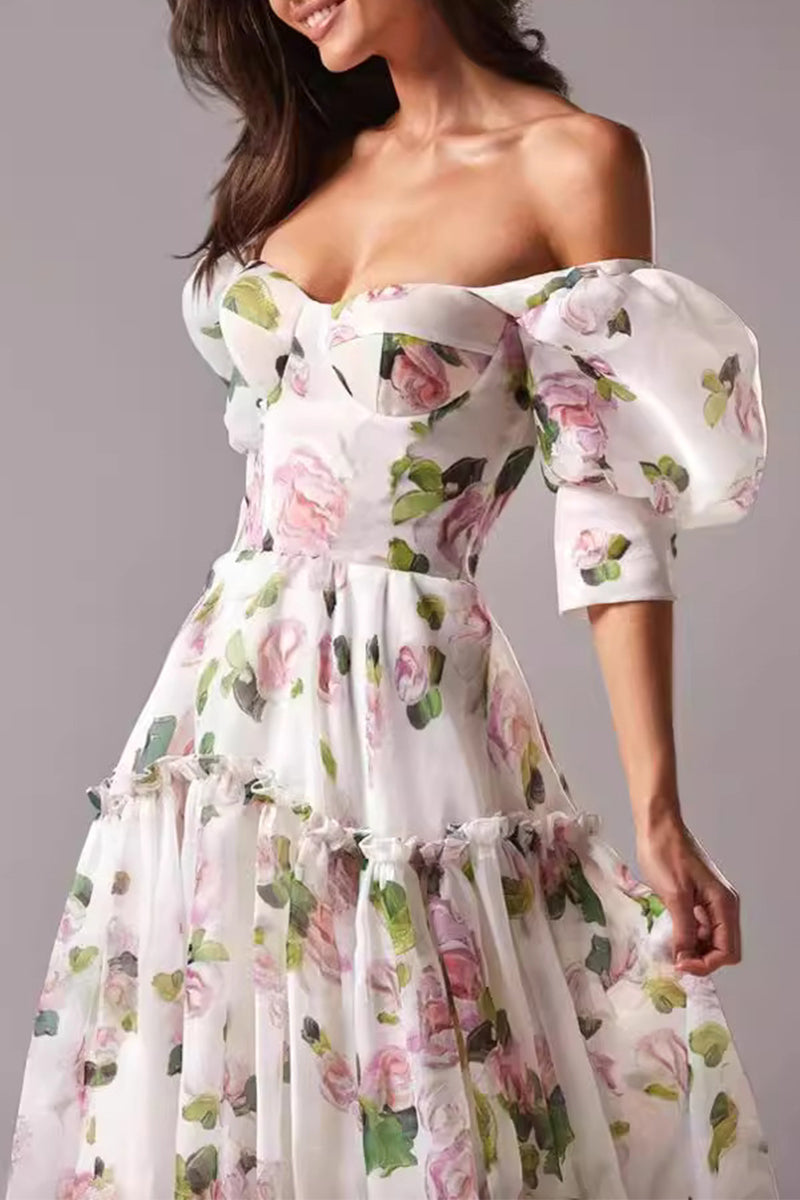Vestidos de noche elegantes con hombros descubiertos y flores de celebridades