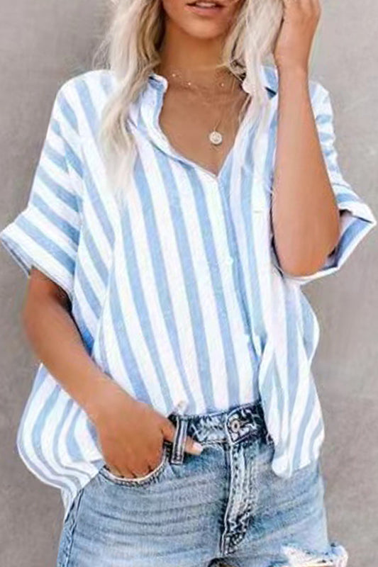 Tops casuales de cuello vuelto con patchwork a rayas
