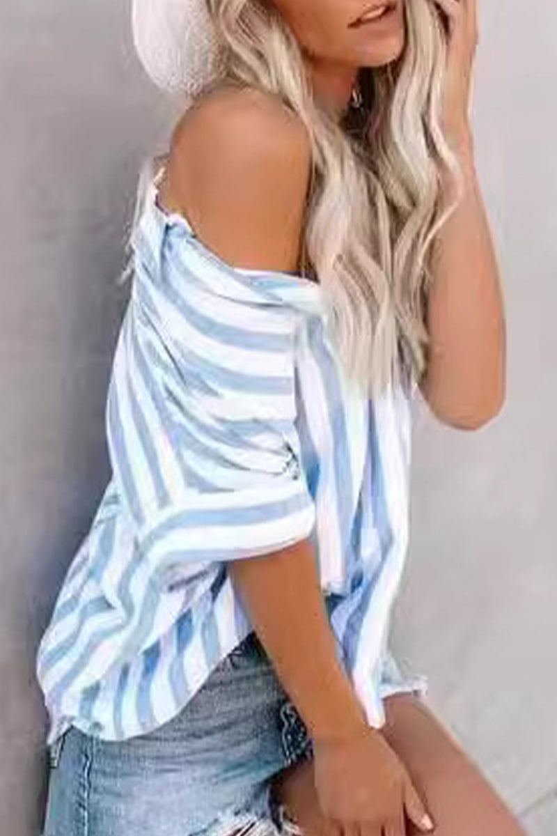Tops casuales de cuello vuelto con patchwork a rayas