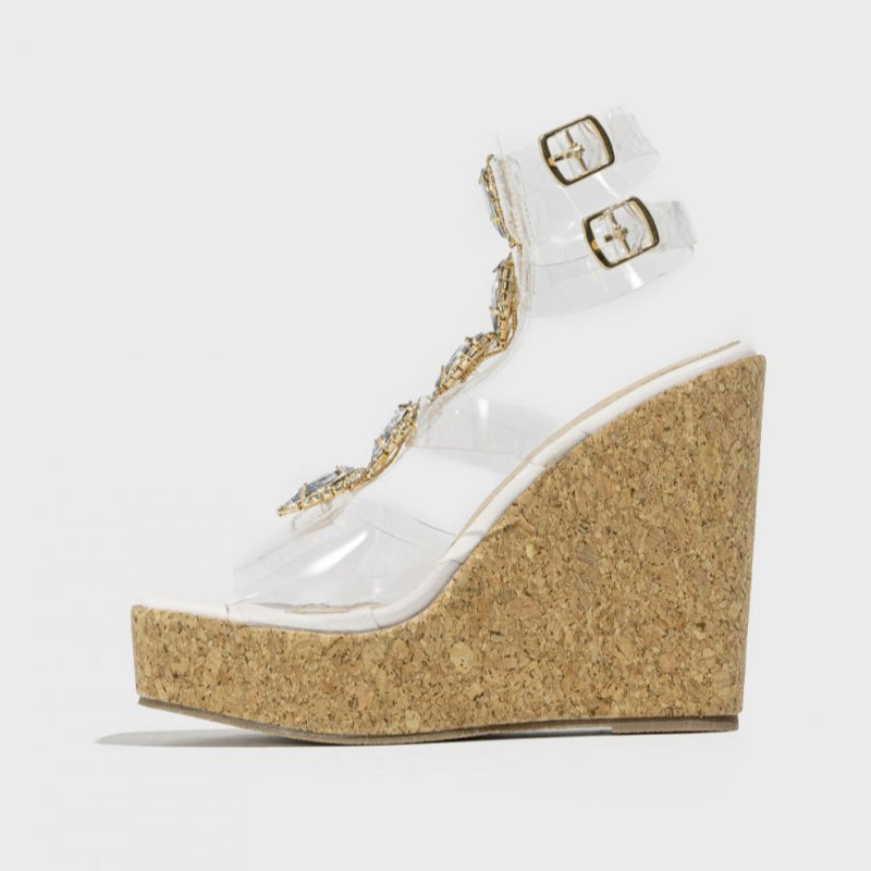 Zapatos de cuña informales con diseño de patchwork y diamantes de imitación cuadrados para exteriores (altura del tacón: 11,5 cm)