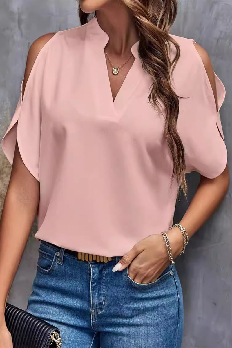 Blusas casuales de cuello en V con patchwork liso (10 colores)