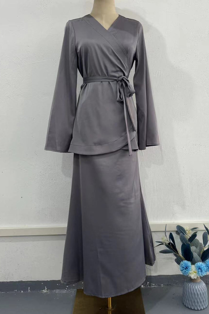 Elegante simplicidad, diseño de tirantes sólidos, escote en V, manga larga, dos piezas