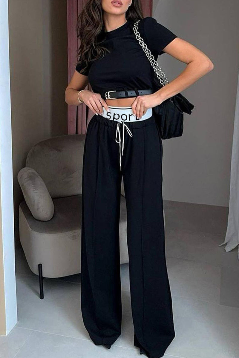 Conjunto informal de dos piezas de estilo británico, liso, con cordón y cinturón, cuello redondo, manga corta