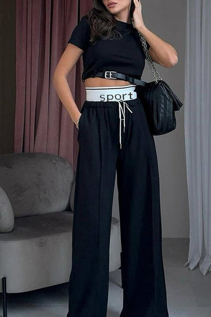 Conjunto informal de dos piezas de estilo británico, liso, con cordón y cinturón, cuello redondo, manga corta