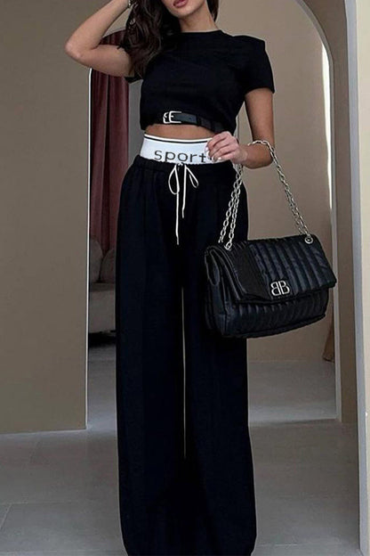Conjunto informal de dos piezas de estilo británico, liso, con cordón y cinturón, cuello redondo, manga corta
