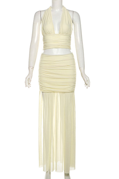 Sexy Solid Backless Fold Mesh Halter Sleeveless Two Pieces