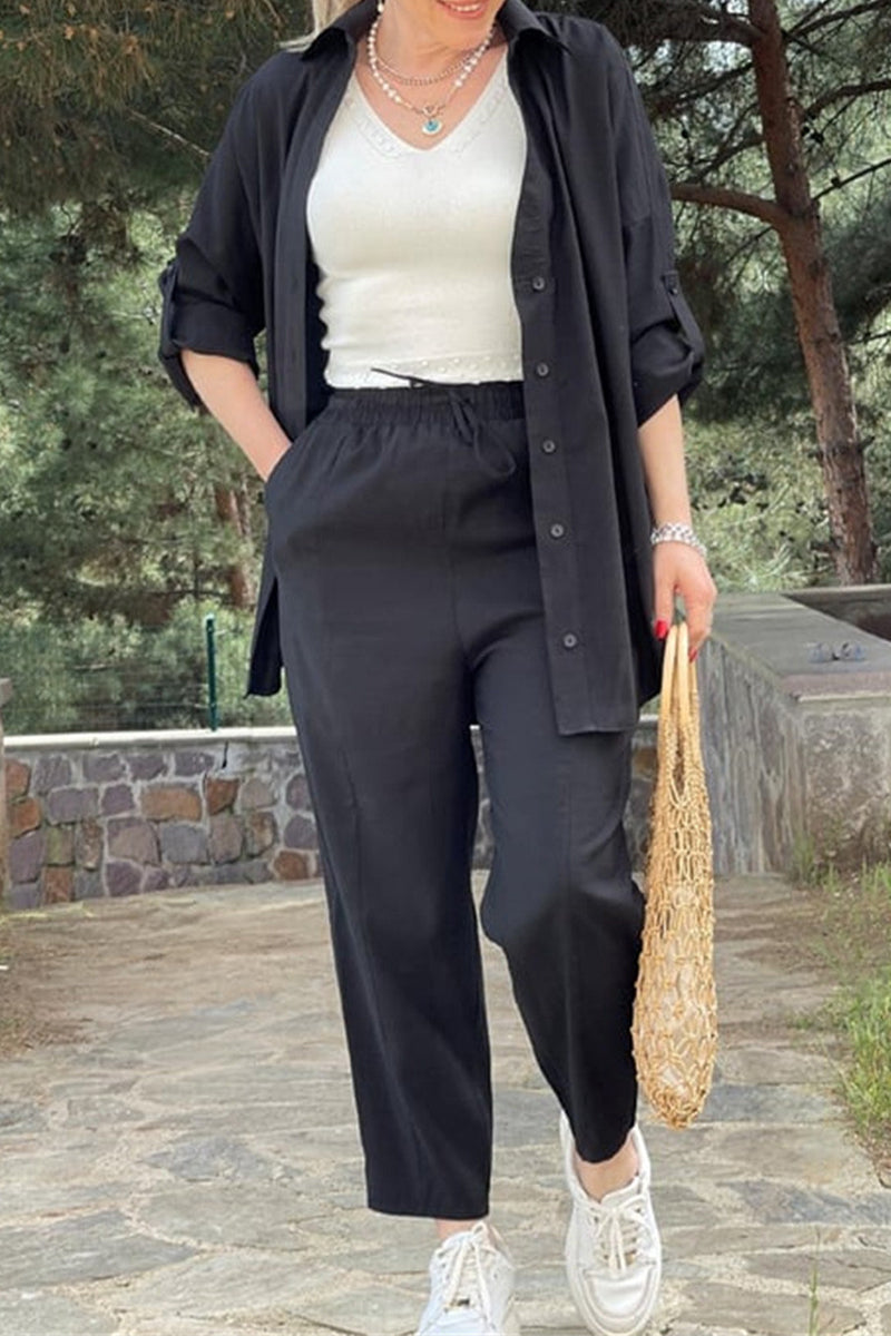 Conjunto informal de dos piezas con cuello vuelto, manga larga y bolsillos sólidos para uso diario
