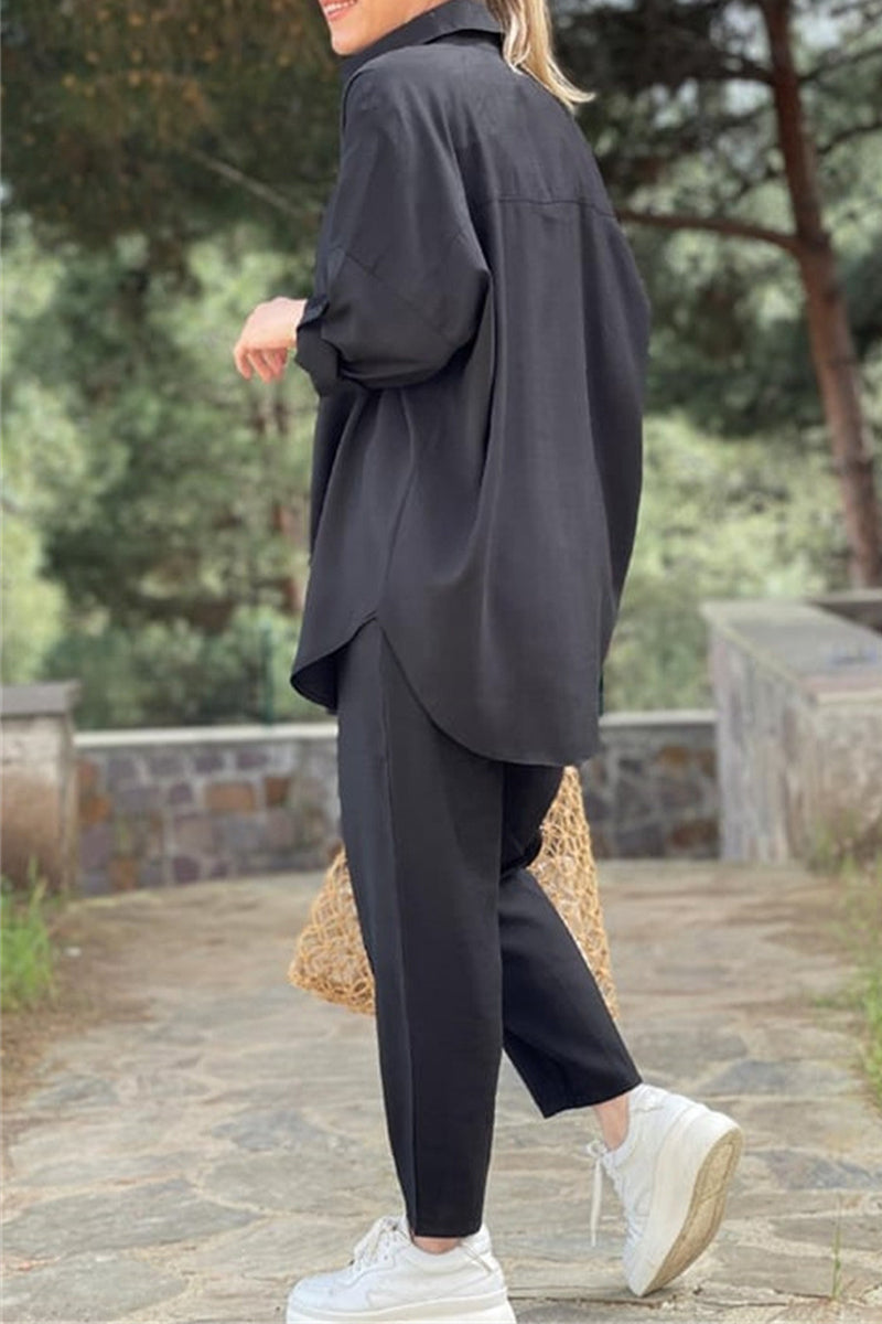 Conjunto informal de dos piezas con cuello vuelto, manga larga y bolsillos sólidos para uso diario