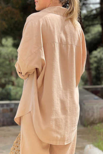 Conjunto informal de dos piezas con cuello vuelto, manga larga y bolsillos sólidos para uso diario
