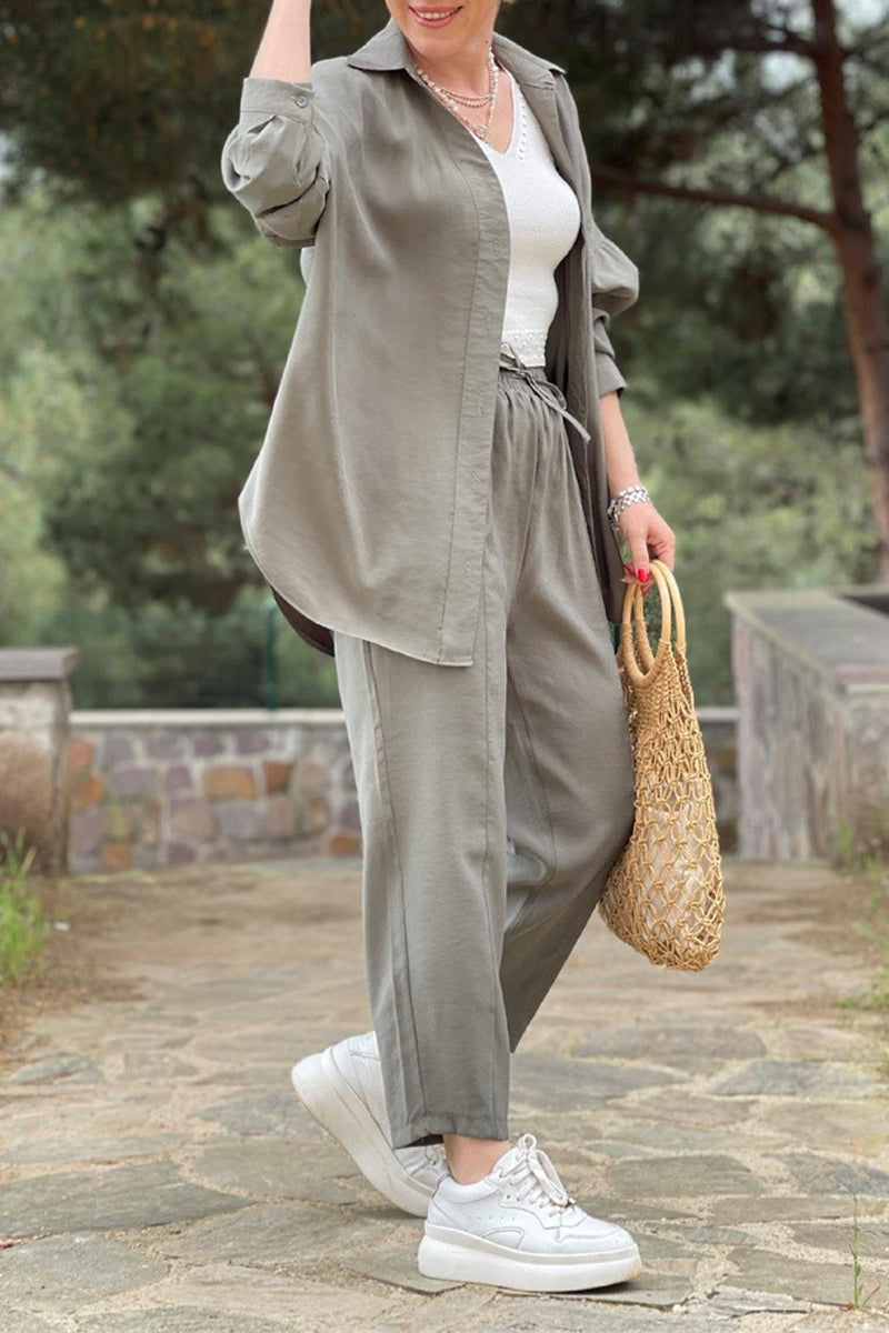 Conjunto informal de dos piezas con cuello vuelto, manga larga y bolsillos sólidos para uso diario