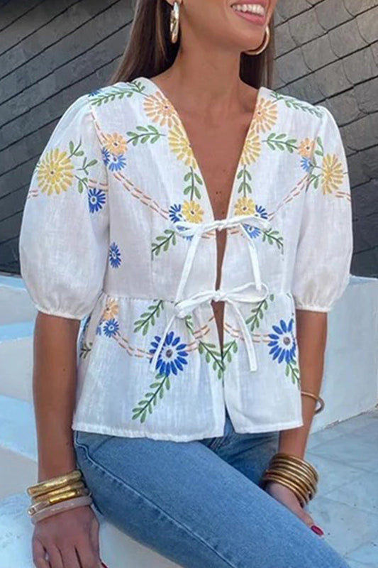 Blusas casuales sin posicionamiento con estampado de flores y cuello en V con frenillo