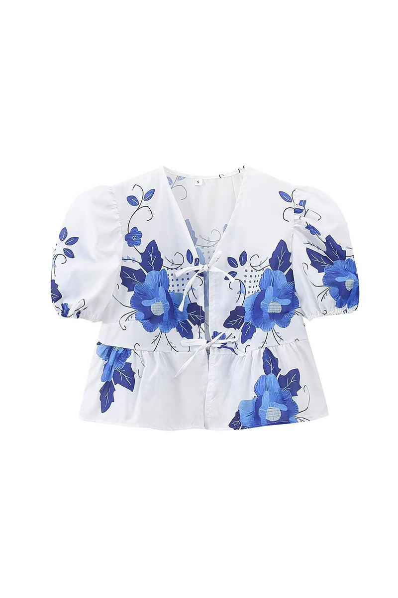 Blusas casuales sin posicionamiento con estampado de flores y cuello en V con frenillo