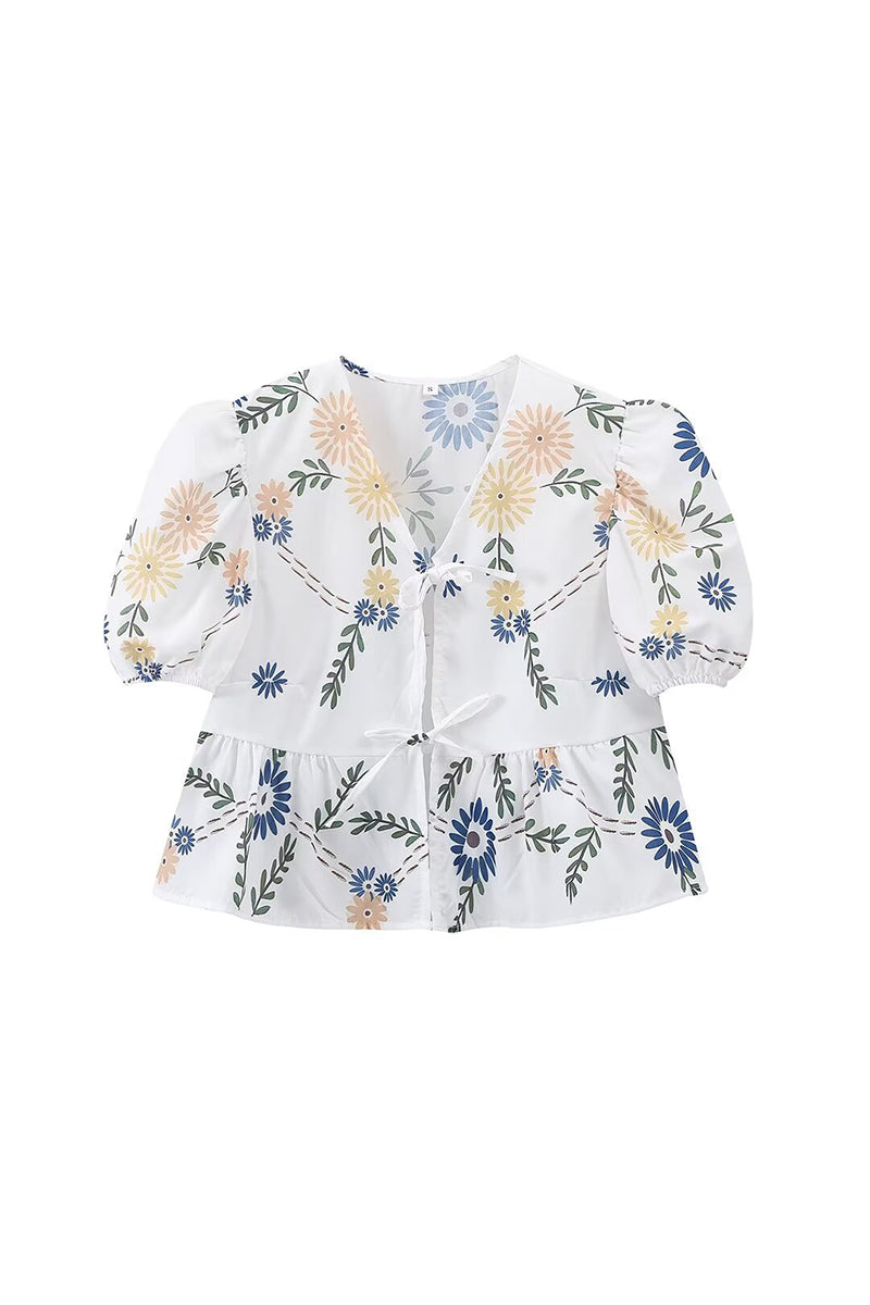 Blusas casuales sin posicionamiento con estampado de flores y cuello en V con frenillo