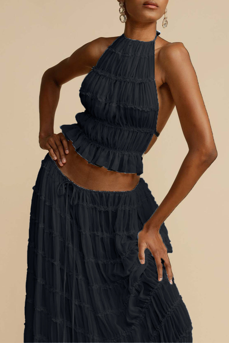 Traje de baño sexy de dos piezas sin mangas con cuello halter y espalda descubierta
