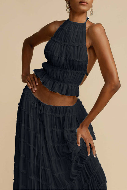 Traje de baño sexy de dos piezas sin mangas con cuello halter y espalda descubierta