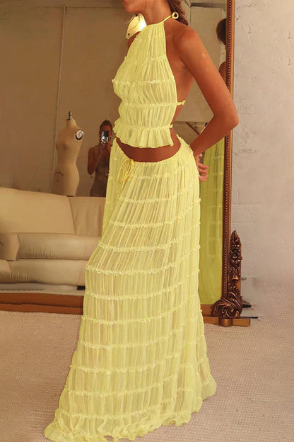 Traje de baño sexy de dos piezas sin mangas con cuello halter y espalda descubierta