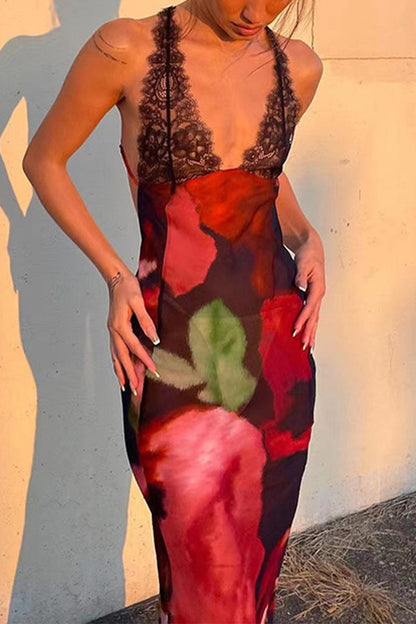 Vestido sexy de un solo paso con falda halter, sin espalda y con encaje y flores de leopardo