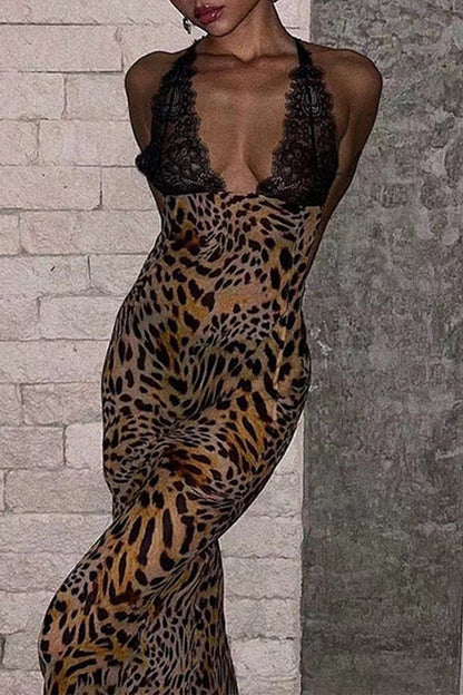 Vestido sexy de un solo paso con falda halter, sin espalda y con encaje y flores de leopardo