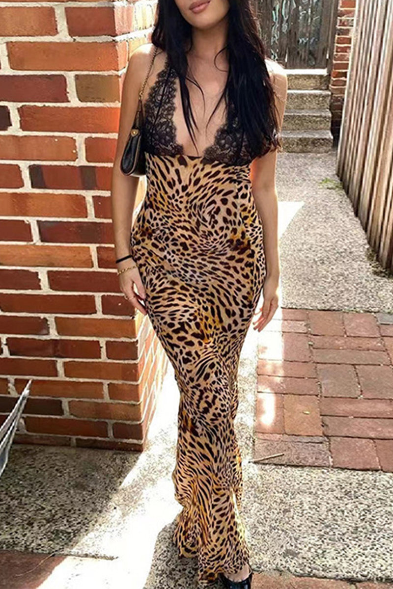 Vestido sexy de un solo paso con falda halter, sin espalda y con encaje y flores de leopardo
