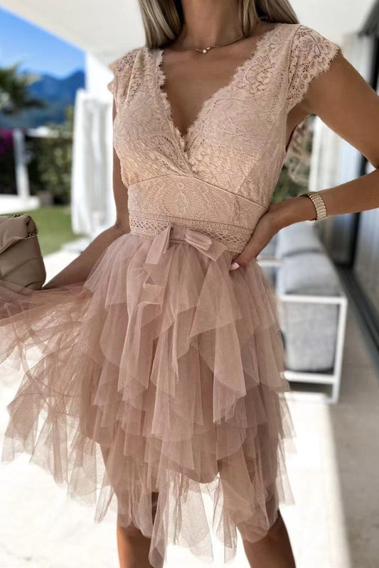 Sweet Solid Lace Asymmetrical Mesh V Neck Princess Dresses(3 Colors)