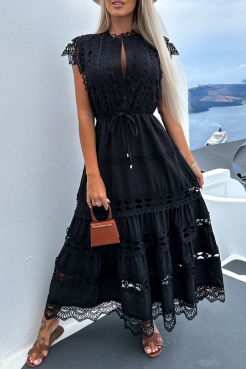 Vestidos largos casuales de cuello redondo con botones y patchwork liso
