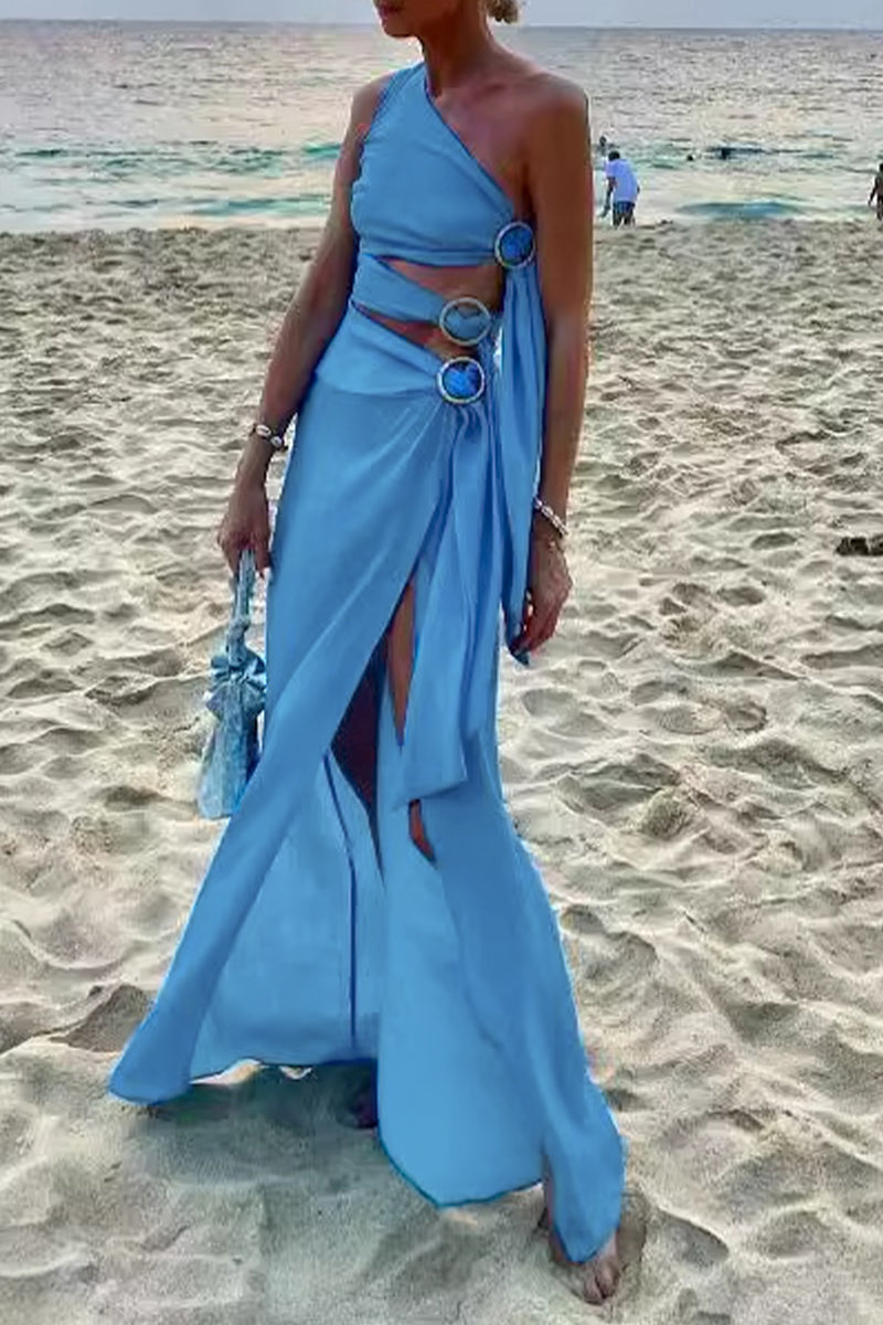 Vestidos sexis irregulares con cuello oblicuo y abertura ahuecada de un solo color