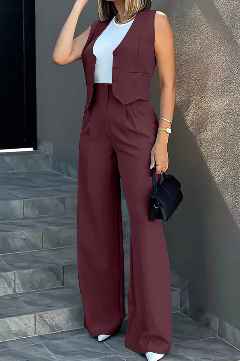 Conjunto de dos piezas sin mangas con escote en V y bolsillos sólidos de estilo británico (8 colores)