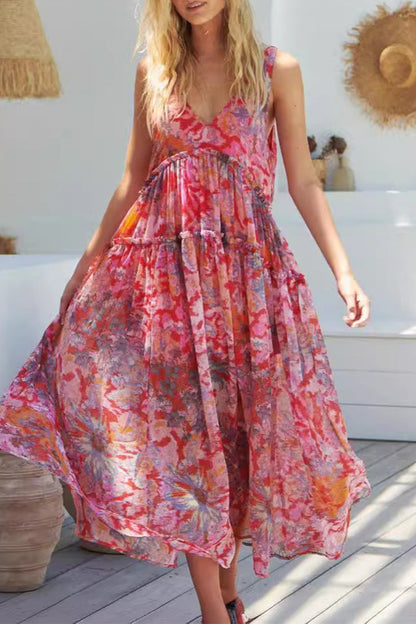 Vestidos casuales sin mangas con cuello en V y pliegues florales