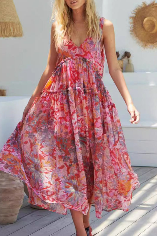 Vestidos casuales sin mangas con cuello en V y pliegues florales