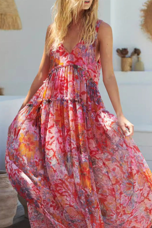 Vestidos casuales sin mangas con cuello en V y pliegues florales