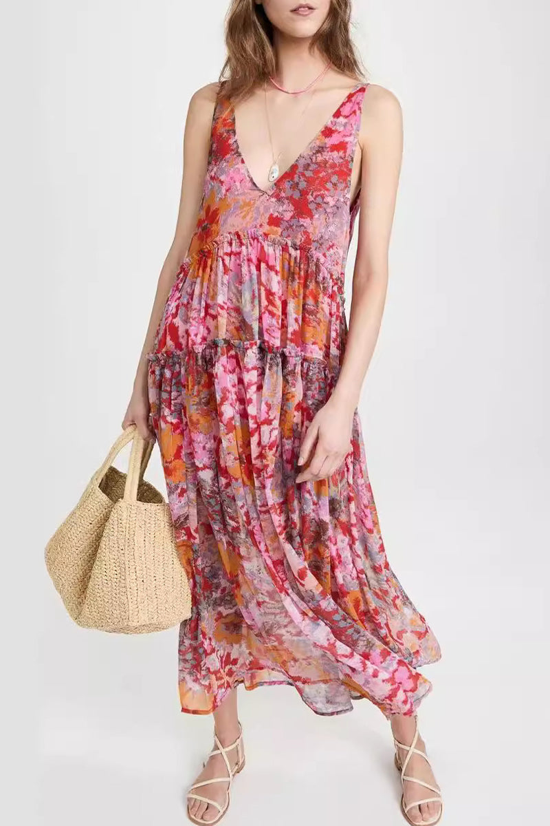 Vestidos casuales sin mangas con cuello en V y pliegues florales