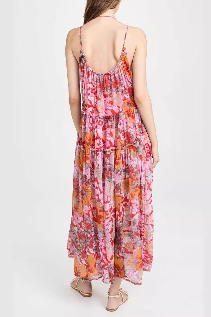 Vestidos casuales sin mangas con cuello en V y pliegues florales