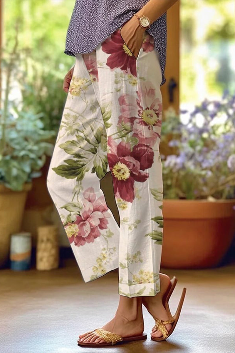 Pantalones casuales de patchwork floral, sueltos, de cintura media, rectos, con estampado completo (6 colores)